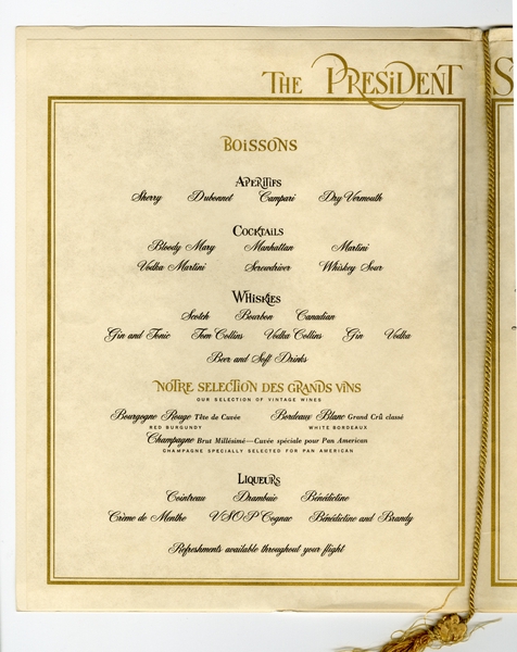 Image: menu: Pan American World Airways, President (first) class