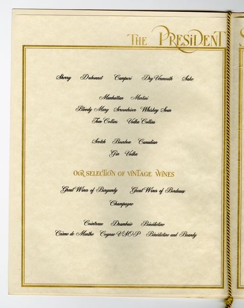 Image: menu: Pan American World Airways, President (first) class