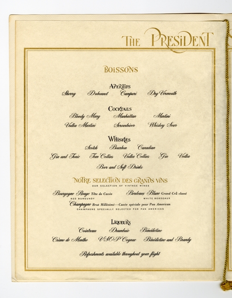 Image: menu: Pan American World Airways, President (first) class