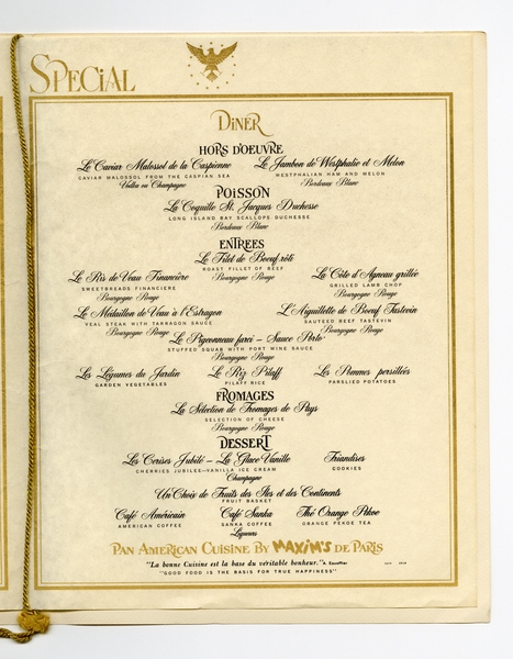 Image: menu: Pan American World Airways, President (first) class