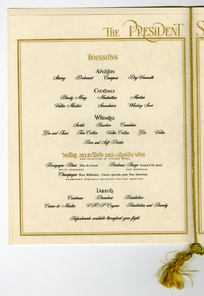 Image: menu: Pan American World Airways, President (first) class