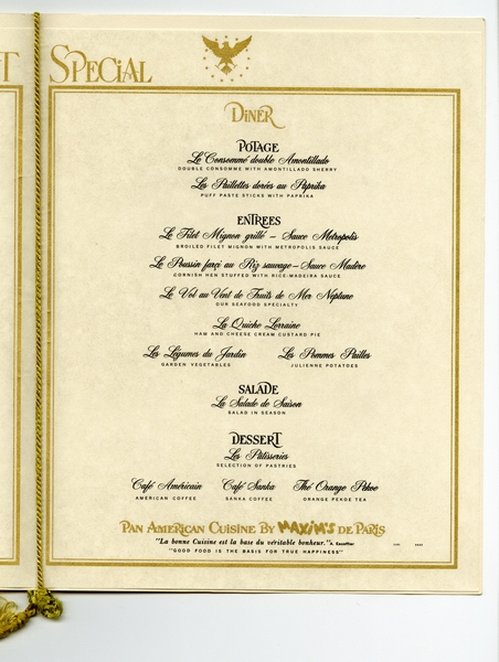 Image: menu: Pan American World Airways, President (first) class
