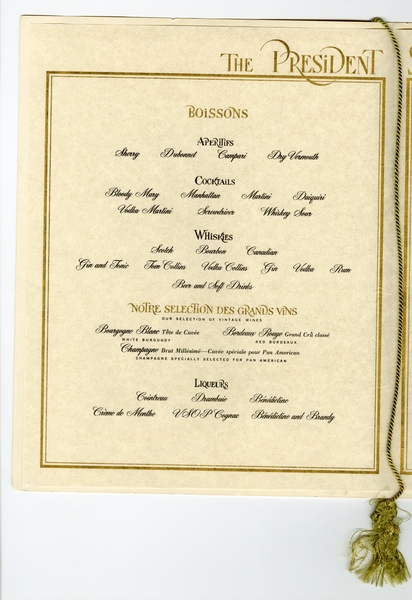Image: menu: Pan American World Airways, President (first) class