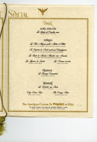 Image: menu: Pan American World Airways, President (first) class
