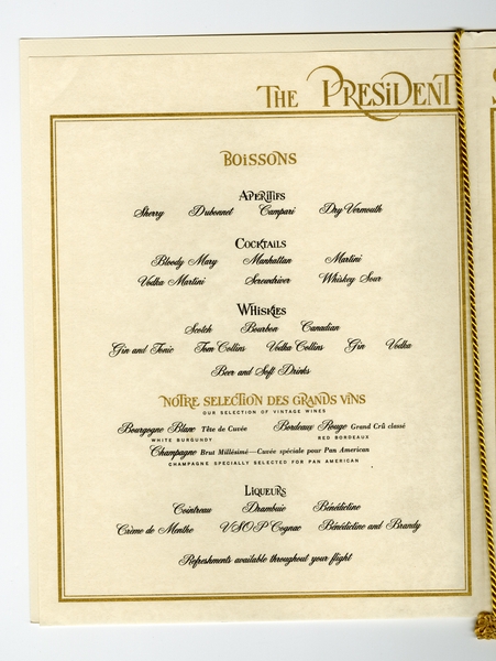 Image: menu: Pan American World Airways, President (first) class