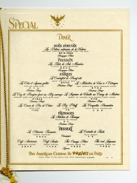 Image: menu: Pan American World Airways, President (first) class