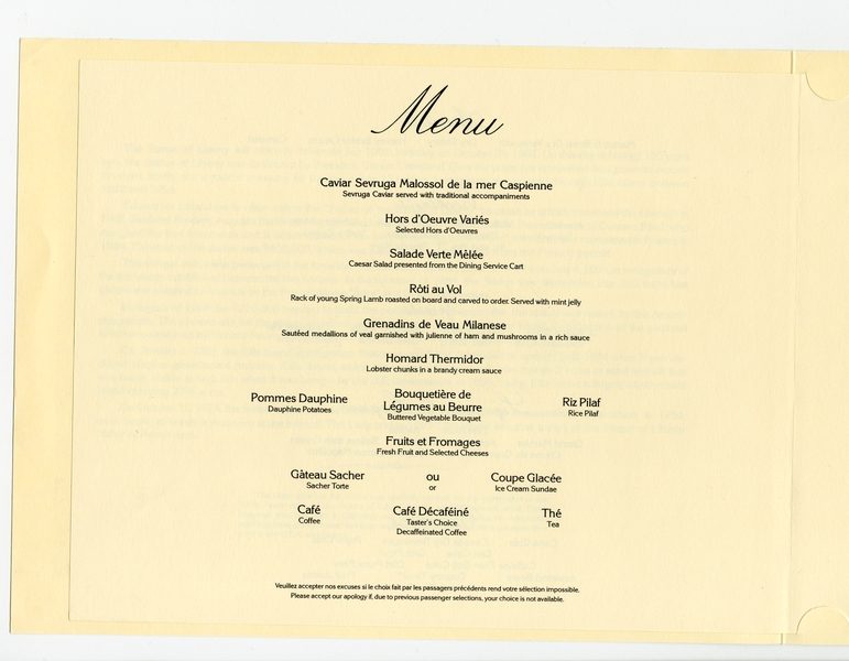 Image: menu: Pan American World Airways, Statue of Liberty centennial