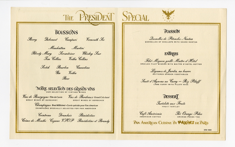 Image: menu: Pan American World Airways, President (first) class