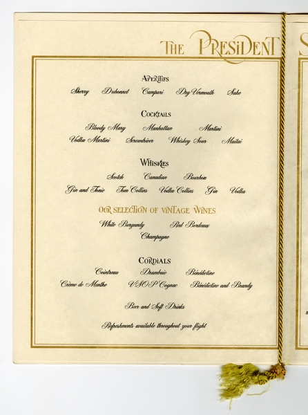 Image: menu: Pan American World Airways, President (first) class