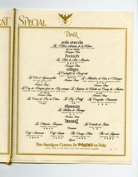 Image: menu: Pan American World Airways, President (first) class