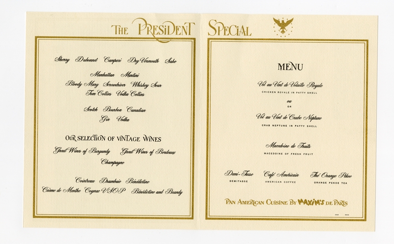Image: menu: Pan American World Airways, President (first) class