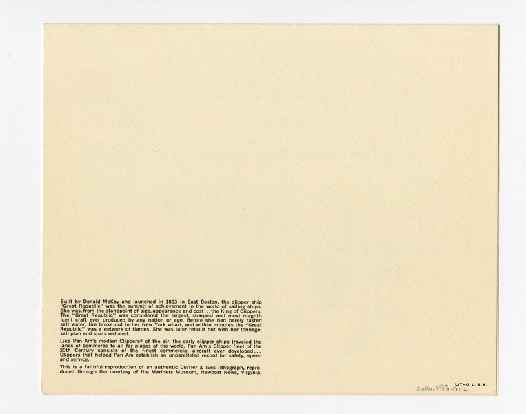 Image: menu: Pan American World Airways, President (first) class