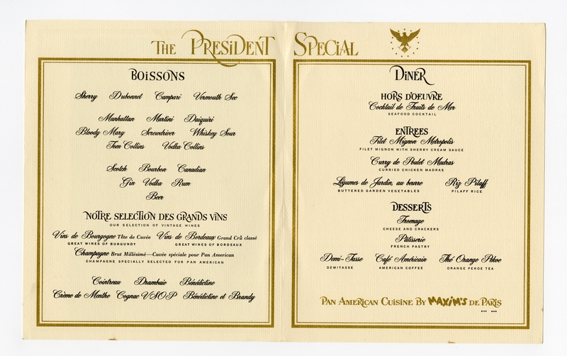 Image: menu: Pan American World Airways, President (first) class
