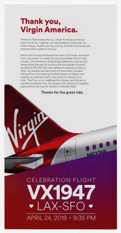 Commemorative card: Virgin America, VX1947