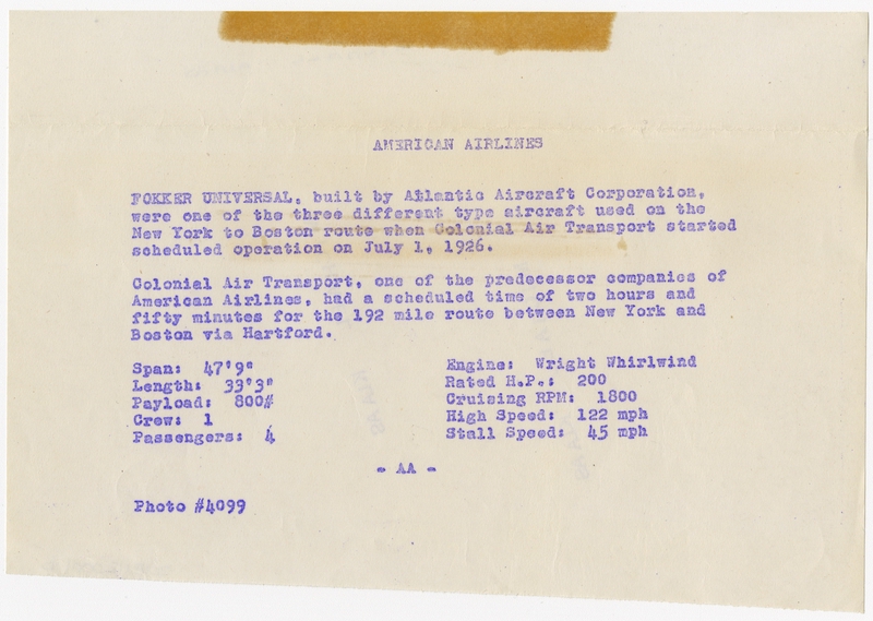 Image: photograph: American Airways, Fokker Universal