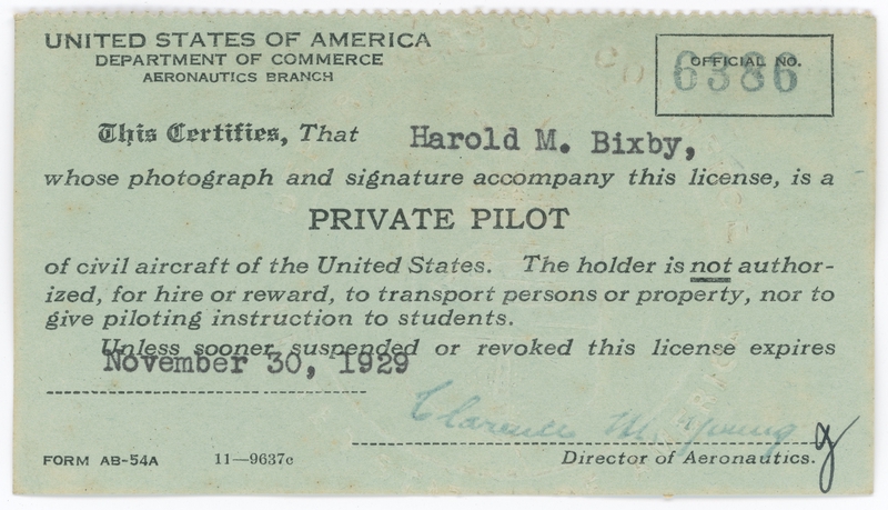 Image: pilot license: Harold M. Bixby