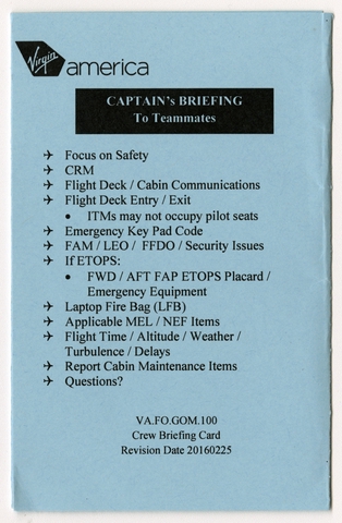 Flight operations checklist: Virgin America
