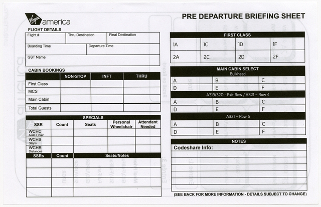 Form: Virgin America, briefing sheet