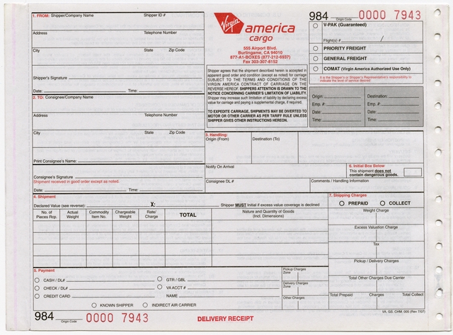 Form: Virgin America, cargo