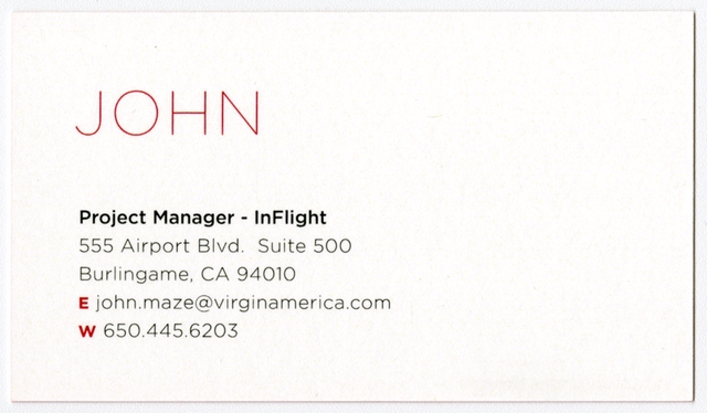 Employee business card: Virgin America, John Maze