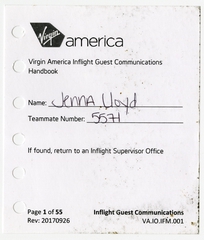 Image: flight attendant announcement book: Virgin America
