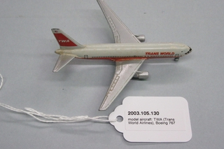 Image: miniature model airplane: TWA (Trans World Airlines), Boeing 767
