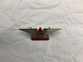 Image: flight attendant wings and name pin: Delta Air Lines, Jeffrey