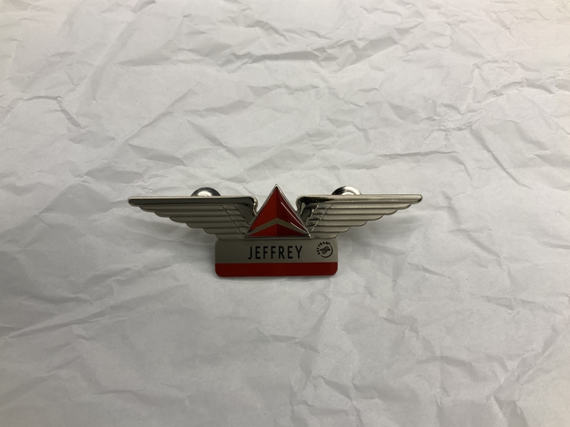 Flight attendant wings and name pin: Delta Air Lines, Jeffrey