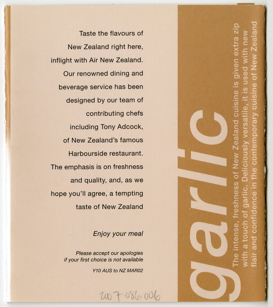 Image: menu: Air New Zealand, Pacific (economy) class
