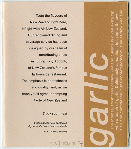 Image: menu: Air New Zealand, Pacific (economy) class
