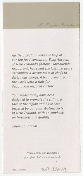 Image: menu: Air New Zealand, Pacific (economy) class