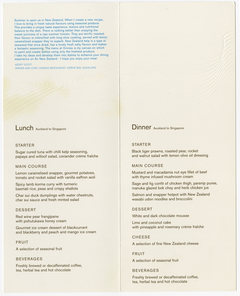 Image: menu: Air New Zealand, business class