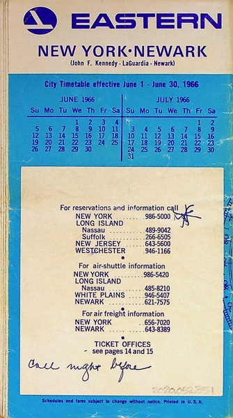 Image: timetable: Eastern Air Lines, New York - Newark