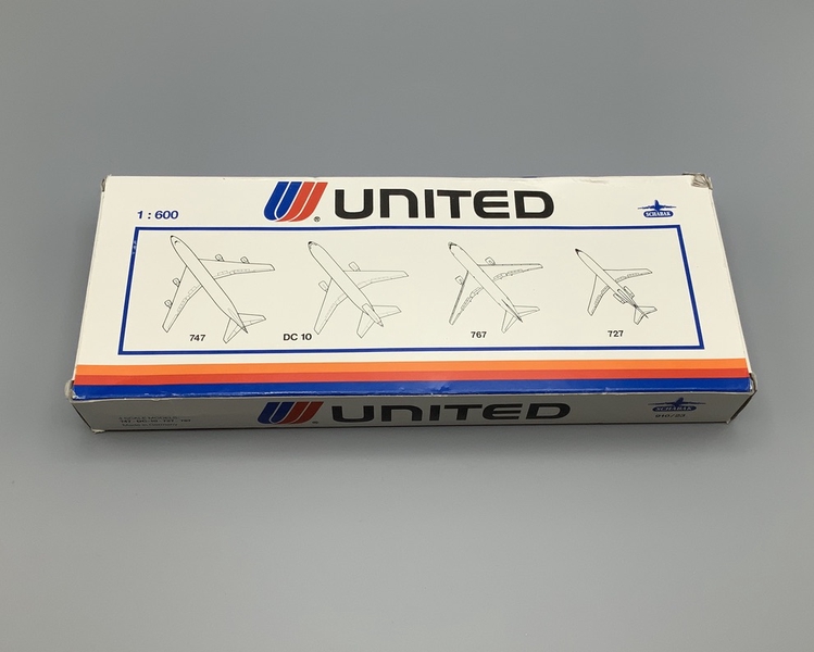 Image: miniature model airplanes: United Airlines, Boeing 747, Boeing 767, Boeing 727, McDonnell Douglas DC-10