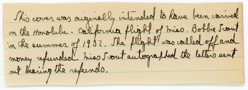 Image: airmail flight cover: Bobbie Trout Intended Solo Honolulu - Los Angeles Flight, September 1932