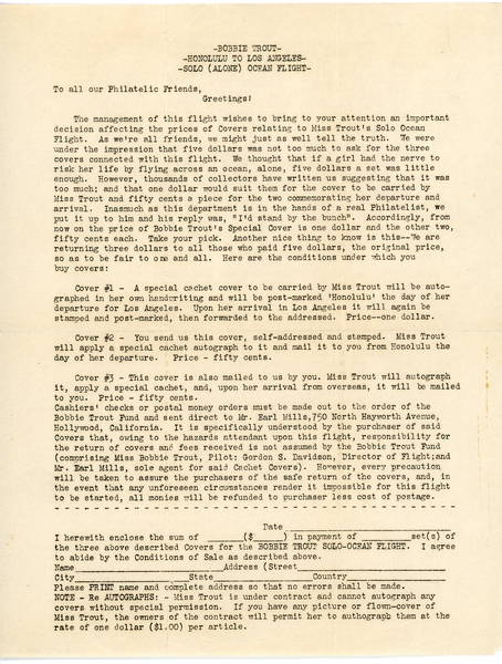Image: airmail flight cover: Bobbie Trout Intended Solo Honolulu - Los Angeles Flight, September 1932