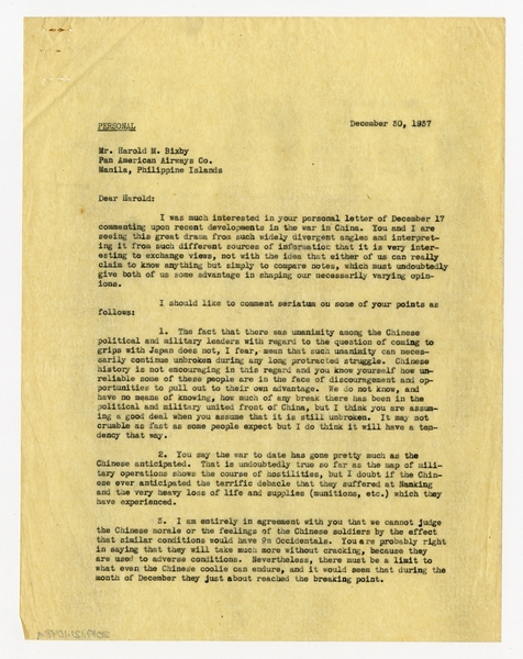 Image: correspondence: S.W. Morgan to Harold M. Bixby