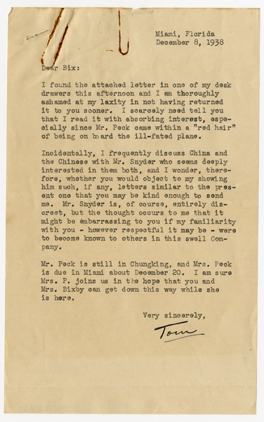 Image: correspondence: Tom Reynolds to Harold M. Bixby