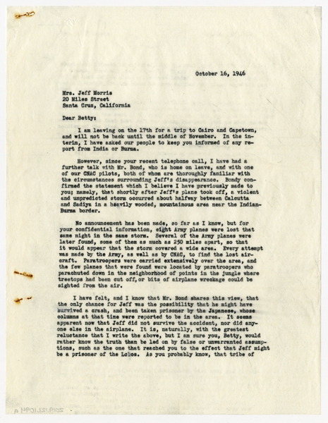 Image: correspondence: Harold M. Bixby to Mrs. Jeff [Betty] Morris