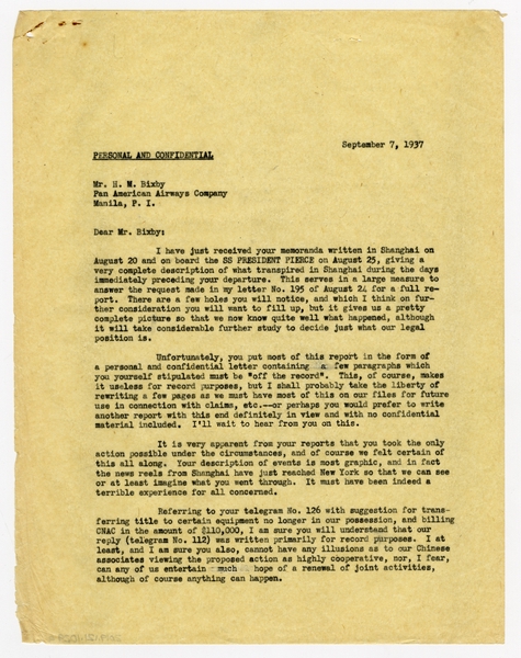 Image: correspondence: S.W. Morgan to Harold M. Bixby