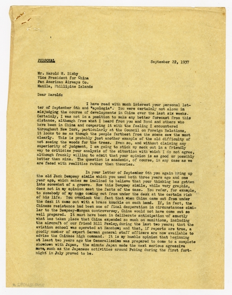 Image: correspondence: S.W. Morgan to Harold M. Bixby