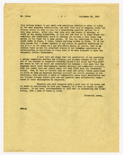 Image: correspondence: S.W. Morgan to Harold M. Bixby
