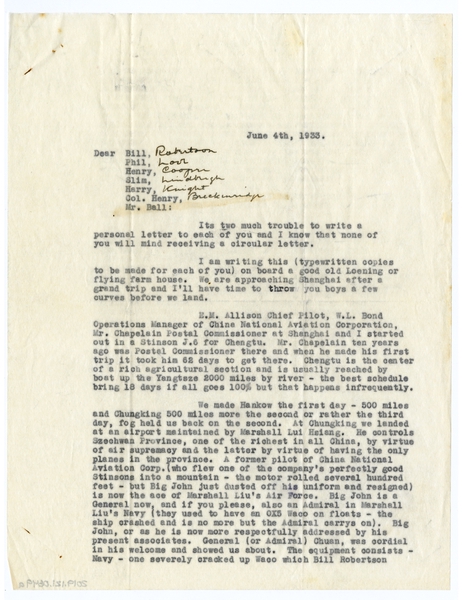 Image: correspondence: Harold M. Bixby to Bill [Robertson], Phil [Lorr], Henry [Cooper], Slim [Charles A. Lindbergh], Harry [Knight], Col. Henry [Breckinridge], and Mr. [P.D.C.] Ball