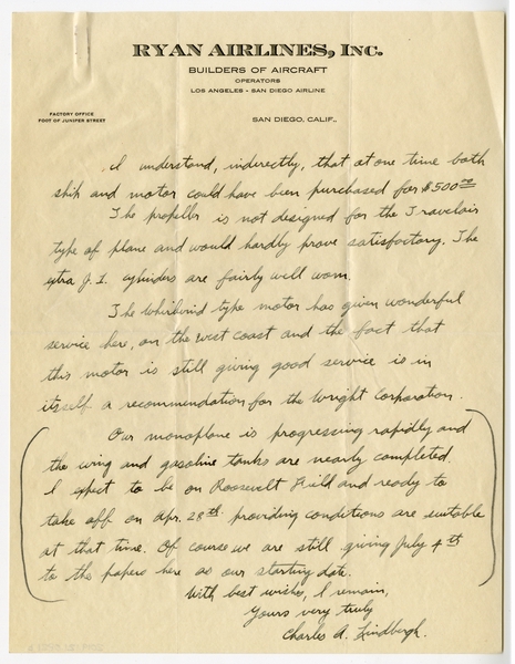 Image: correspondence: Charles A. Lindbergh to Harold M. Bixby
