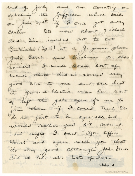 Image: correspondence: Harold M. Bixby to Debby Bixby