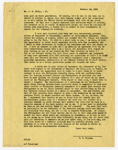 Image: correspondence: S.W. Morgan to Harold M. Bixby