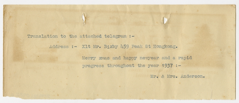 Image: telegram: Mr. and Mrs. Anderson to Harold M. Bixby