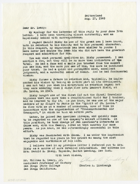 Image: correspondence: Charles A. Lindbergh to Debby Bixby, William Leary, Jr.