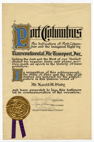 Certificate: Port of Columbus, Harold M. Bixby