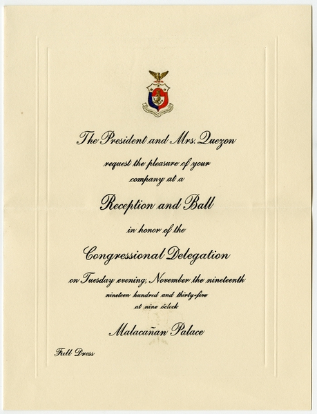 Image: event invitation: Reception and ball for the inauguration of Manuel Quezon, President of the Philippines